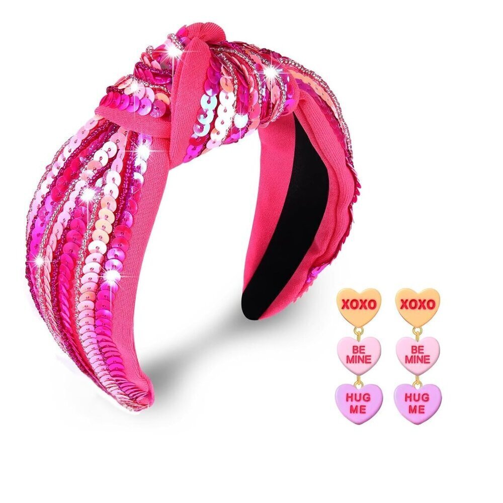 Valentine's Day Headband Women Pink Red Sequin Knot Love Heart Earrings Gift